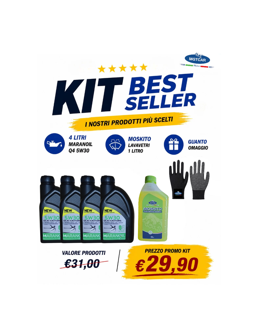 KIT BEST SELLER MGTCAR | MARANOIL 5W30 + MOSKITO + Guanto Omaggio