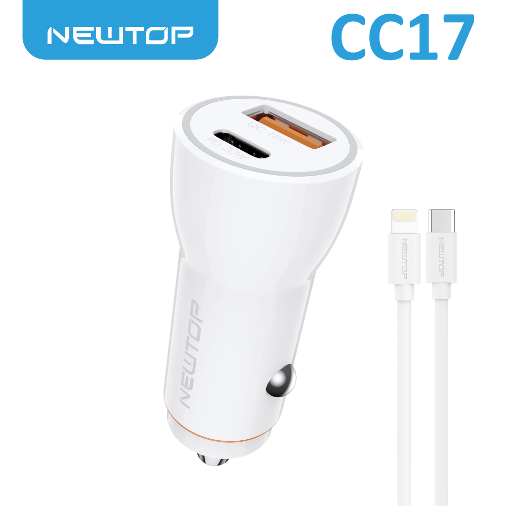 CARICATORE AUTO PER SMARTPHONE ACCENDISIGARI QC18W+ PD 38W CON CAVO TYPE-C/LIGHTNING BIANCO